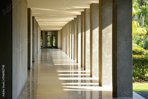 An architectural corridor featuring tall arches with sunlight streaming through, casting geometric shadows on the glossy floor, symbolizing tranquility and symmetry.