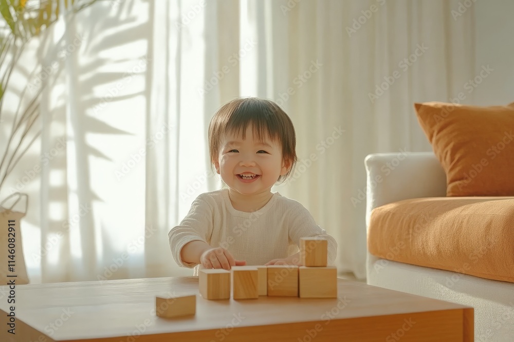 A cheerful toddler is joyfully stacking wooden blocks on a table in a sunlit room, creating a sense of happiness and playfulness, surrounded by soft, warm decor. A cheerful toddler is joyfully stacking wooden blocks on a table in a sunlit room, creating a sense of happiness and playfulness, surrounded by soft, warm decor.