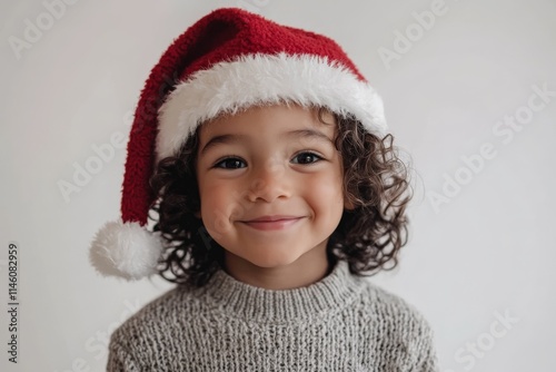 A smiling child with curly hair wearing a Santa hat brings holiday joy and cheer with a wide smile, embodying the festive spirit amid a neutral studio setting.