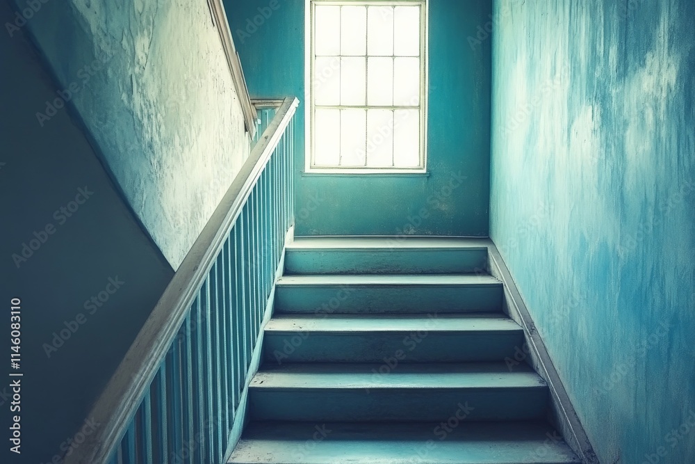 Obraz premium A charming vintage stairwell bathed in soft natural lighting, featuring rustic wood textures and a calming blue wall hue, evoking a sense of nostalgia and warmth.