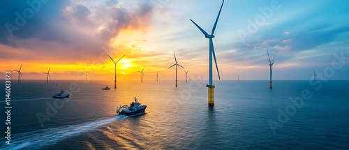 A breathtaking sunset over an offshore wind farm, with boats navigating through calm waters, highlighting the beauty of renewable energy in harmony with nature's splendor.