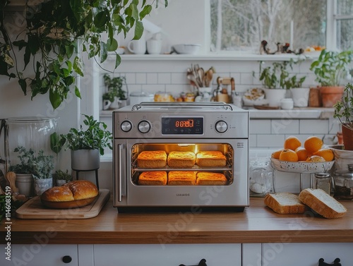 Kitchen Scene with Oven, Countertop Items, and Herbs - Vibrant Home Cooking Image
