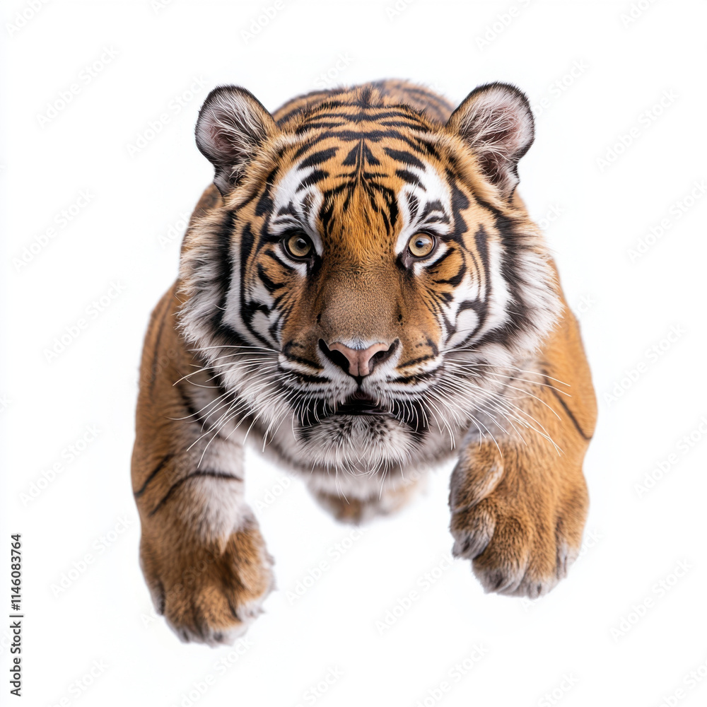 Obraz premium Fierce tiger prowling with vivid stripes, isolated on white background