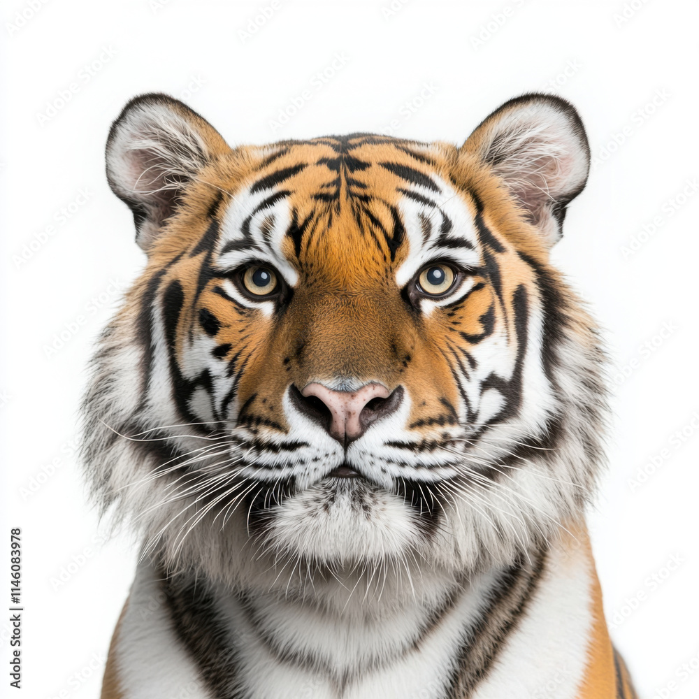 Fototapeta premium Fierce tiger with vivid stripes, isolated on white background
