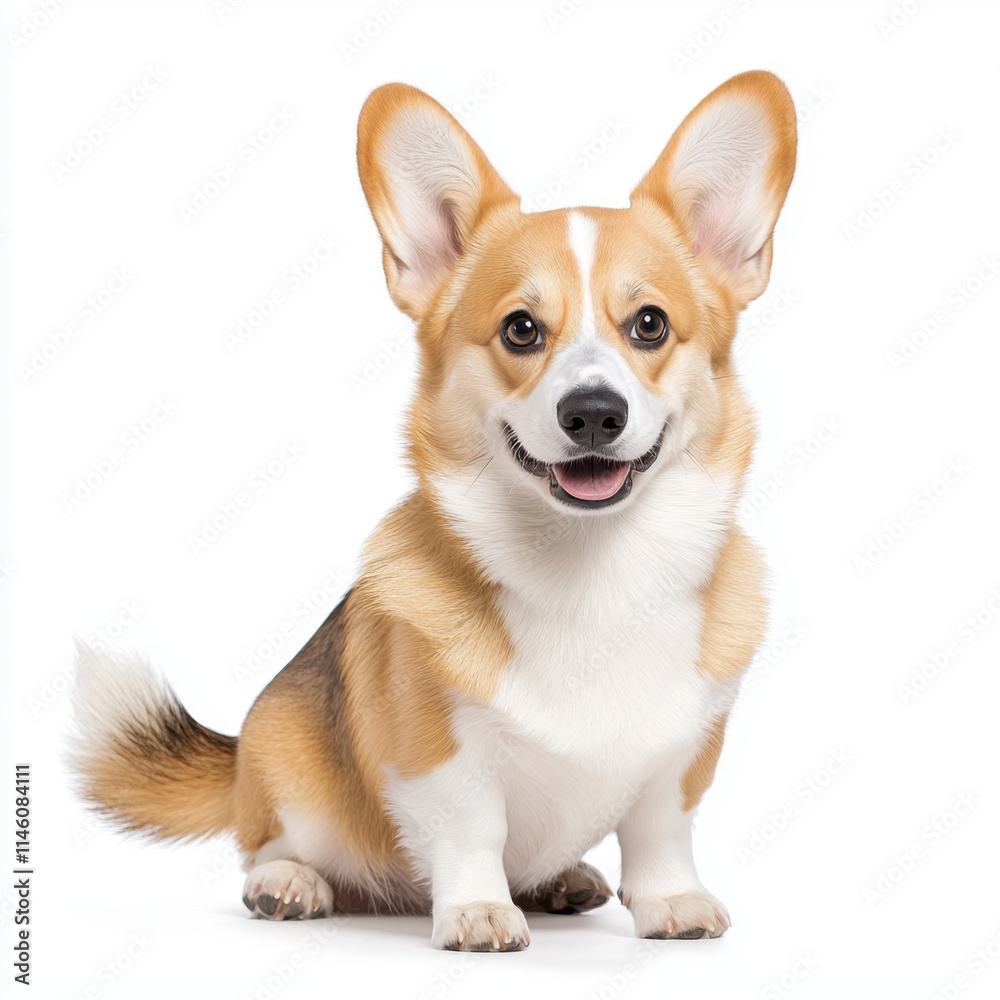 Fluffy corgi with wagging tail, sitting happily on white background Fluffy corgi with wagging tail, sitting happily on white background