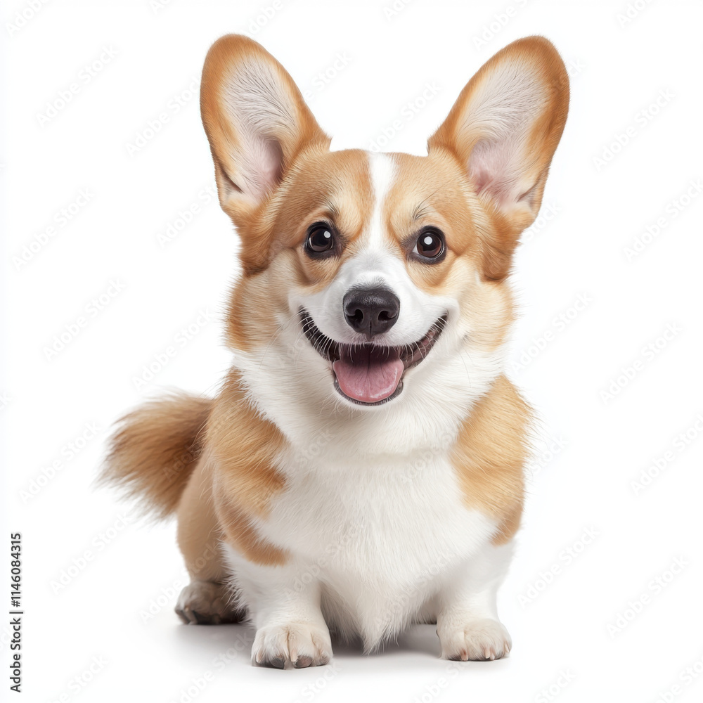 Fluffy corgi with wagging tail, smiling happily on white background Fluffy corgi with wagging tail, smiling happily on white background