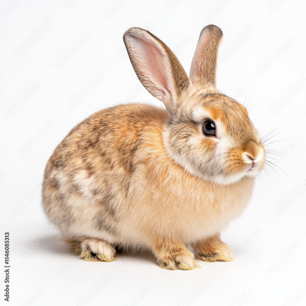 Fluffy rabbit with long ears sitting on white background, looking curious Fluffy rabbit with long ears sitting on white background, looking curious
