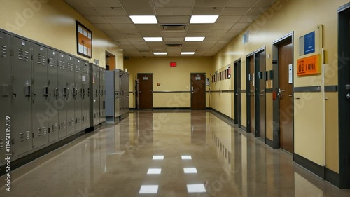 a quiet and empty campus or school hallway