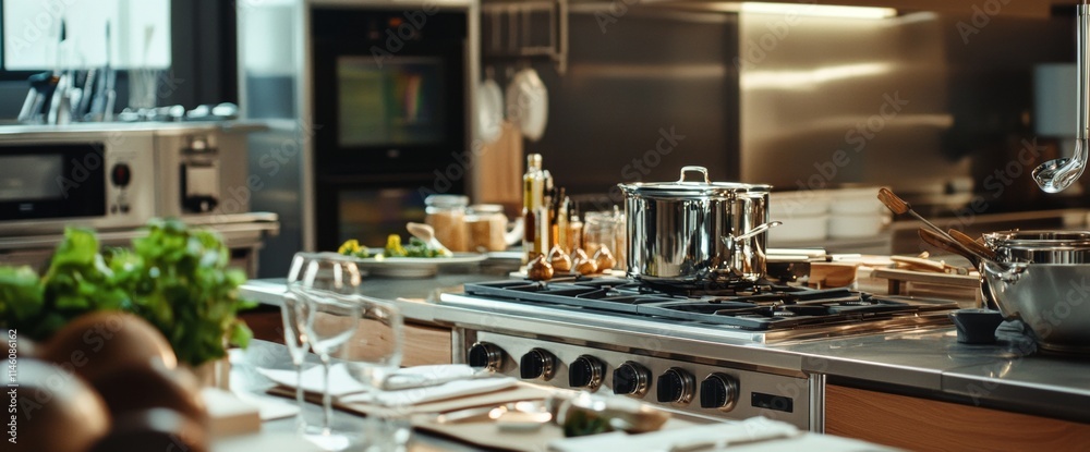 This gourmet kitchen features modern appliances and fresh ingredients arranged neatly on the counter, showcasing a warm and inviting atmosphere for culinary creation This gourmet kitchen features modern appliances and fresh ingredients arranged neatly on the counter, showcasing a warm and inviting atmosphere for culinary creation