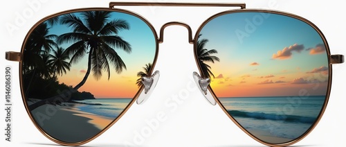 Stylish aviator sunglasses reflecting tropical beach scenes