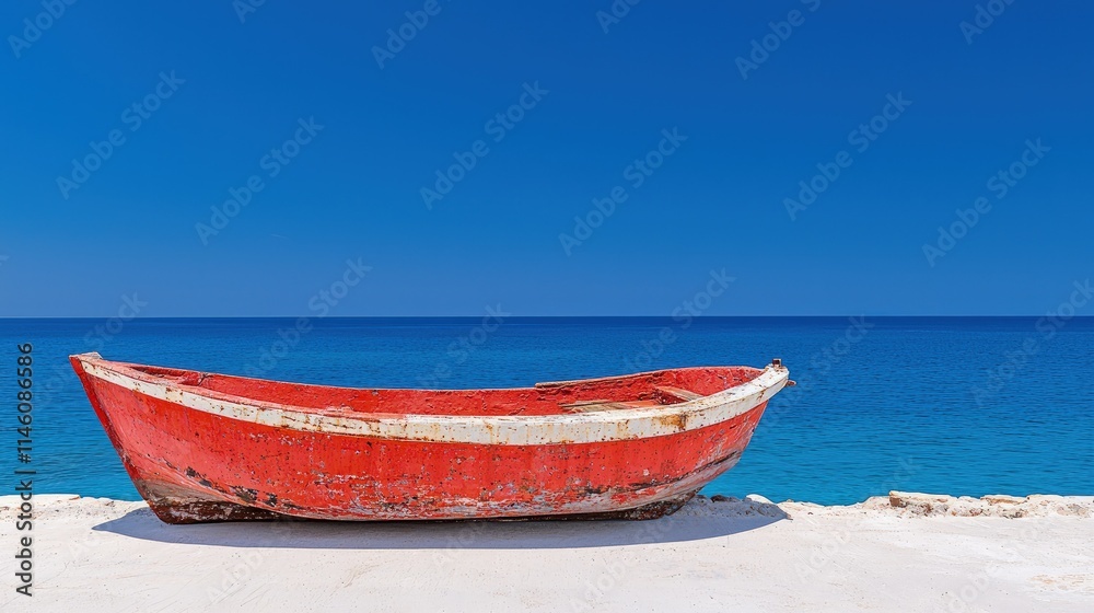 Red weathered boat on white shore, azure sea. Red weathered boat on white shore, azure sea.