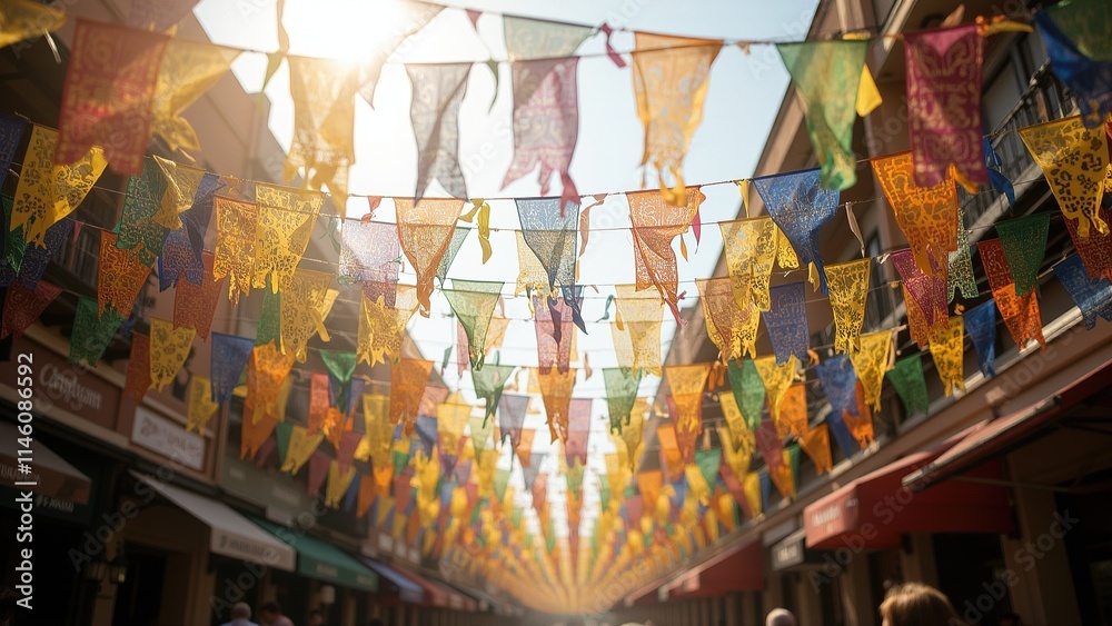 Obraz premium Colorful papel picado banners in sunny street.