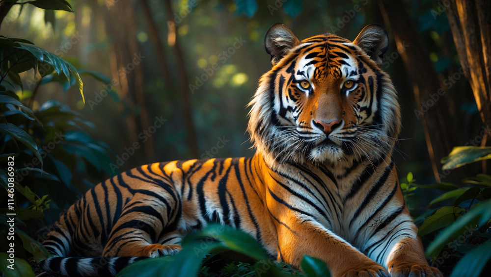 Naklejka premium Explore stunning tiger images: majestic wild tigers, Bengal tigers, and fierce tiger portraits. Perfect for presentations, creative designs, and wildlife projects.