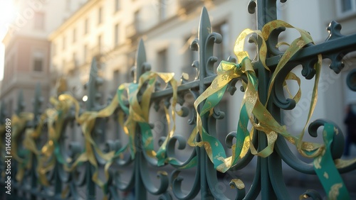 Iron fence adorned with festive ribbons at sunset. photo