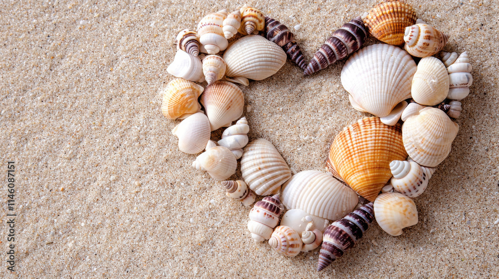 Heart shaped arrangement of seashells on sandy beach evokes tranquility Heart shaped arrangement of seashells on sandy beach evokes tranquility