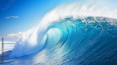 Fototapeta Naklejka Na Ścianę i Meble -  Massive ocean wave curling, turquoise water, white foam, blue sky.
