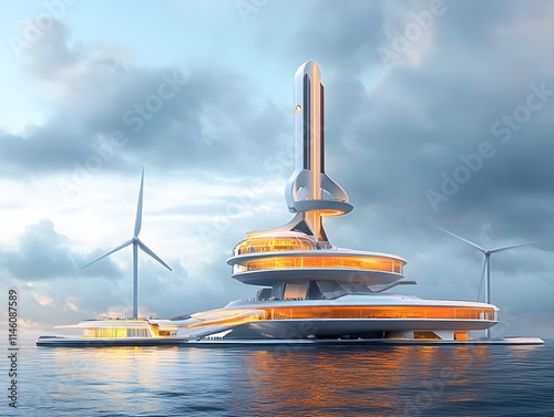 Futuristic structure floating on water, featuring innovative design and renewable energy sources like wind turbines, symbolizing modern architecture and environmental sustainabilit photo