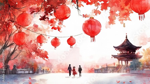 Chinese new year temples concept. Families walking through temple garden, red lanterns swaying gently, peaceful holiday celebration, watercolor style