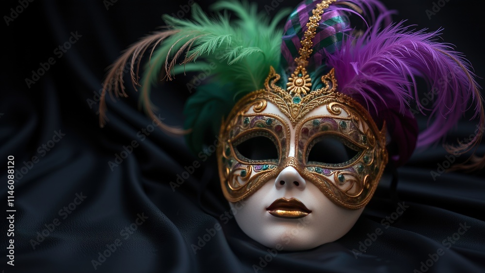 Intricate Mardi Gras Mask with Feathers on Black Fabric. Intricate Mardi Gras Mask with Feathers on Black Fabric.
