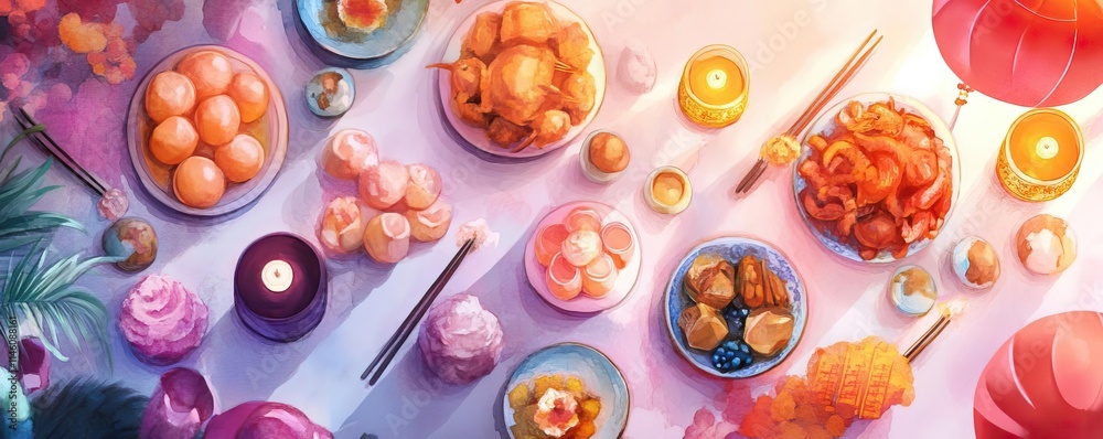 Chinese new year temples concept. Lunar New Year temple feast, tables with traditional offerings, harmonious gathering, watercolor style Chinese new year temples concept. Lunar New Year temple feast, tables with traditional offerings, harmonious gathering, watercolor style