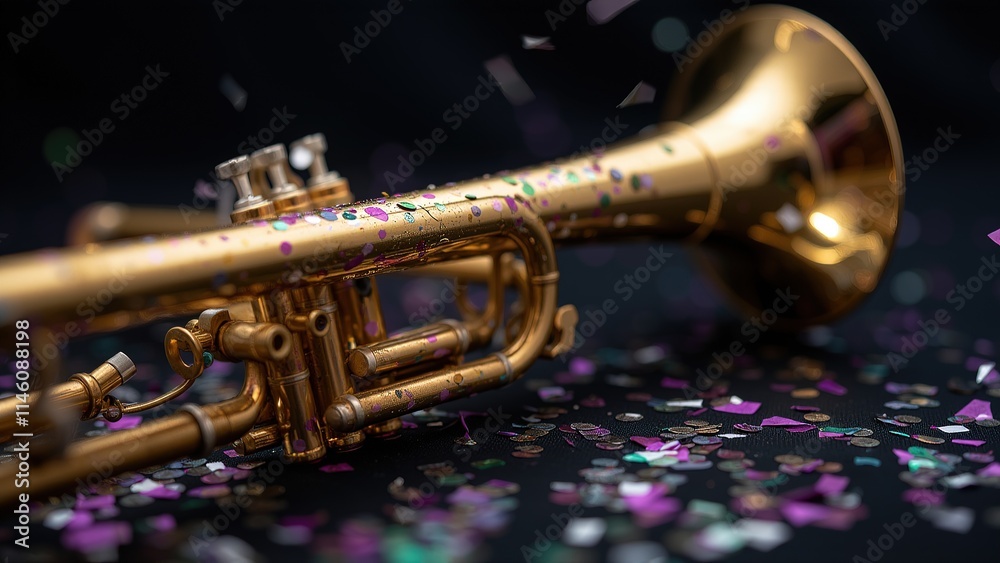 Obraz premium Golden Trumpet with Confetti on Black Background.