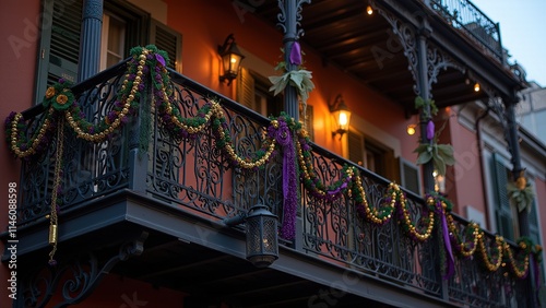 Festive Balcony with Mardi Gras Garlands and Bows.