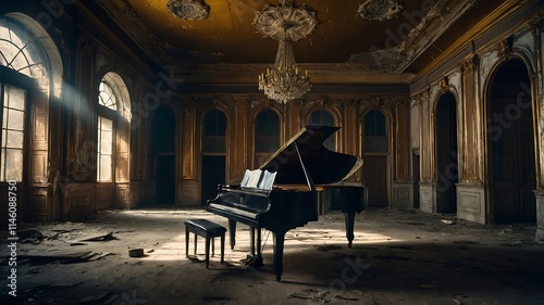 Abandoned Grandeur: A solitary piano in a decaying ballroom photo