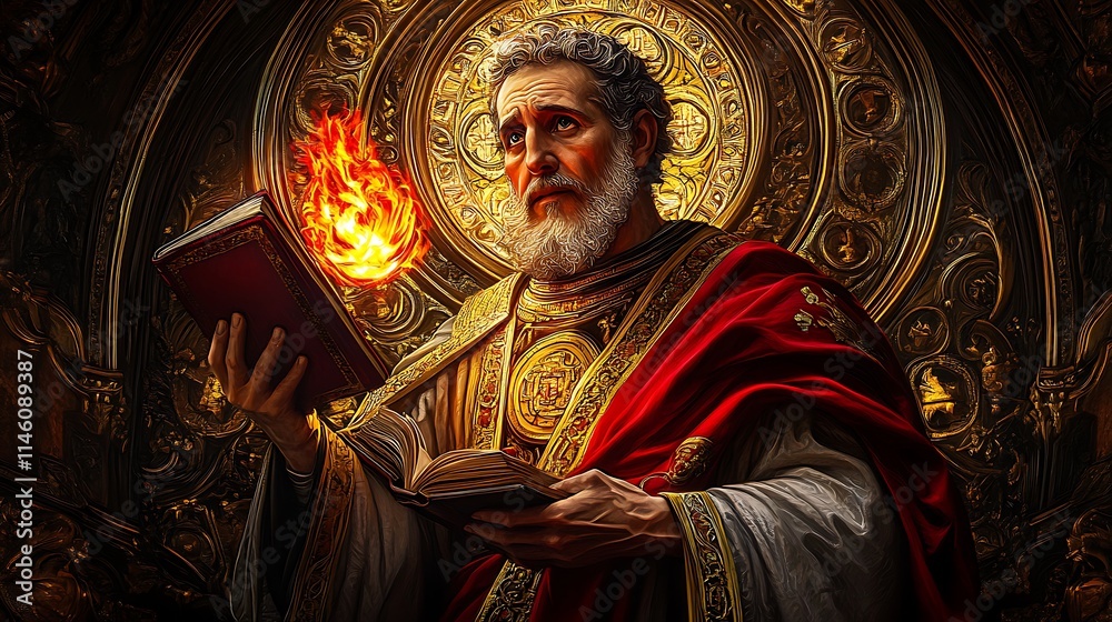Naklejka premium A luminous stained-glass portrayal of Saint Augustine, holding a flaming heart and a book, surrounded by glowing golden and crimson hues,