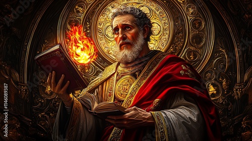 A luminous stained-glass portrayal of Saint Augustine, holding a flaming heart and a book, surrounded by glowing golden and crimson hues,