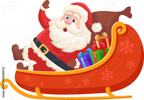 Santa Claus carrying presents on sleigh and waving hand close-up on white background. Christmas character