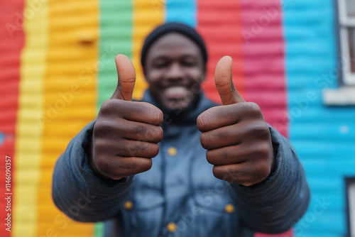 Celebration of positivity with a joyful thumbs-up against vibrant background. Generative AI photo