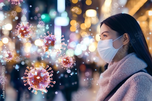 A person in a face mask amid a crowded public space, with symbolic virus particles showing transmission risk.