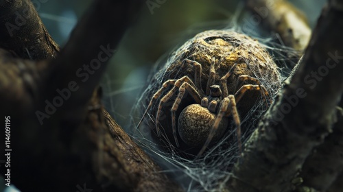 A spider guarding her egg sac photo