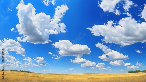 Wide angle view of the blue sky with few thick clouds photo