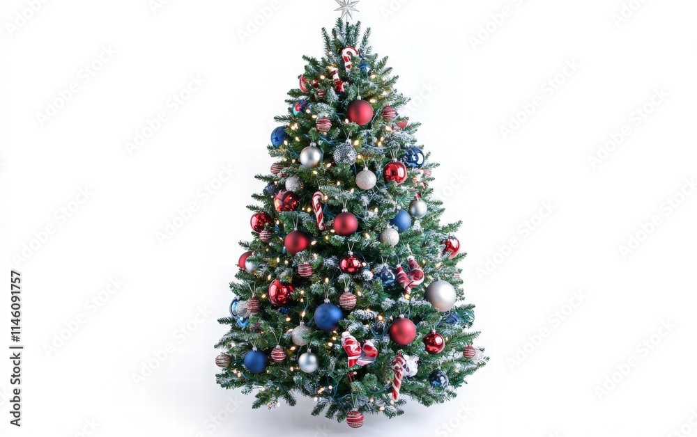 Obraz premium Decorated christmas tree with ornaments and lights, bright white background for festive holiday designs