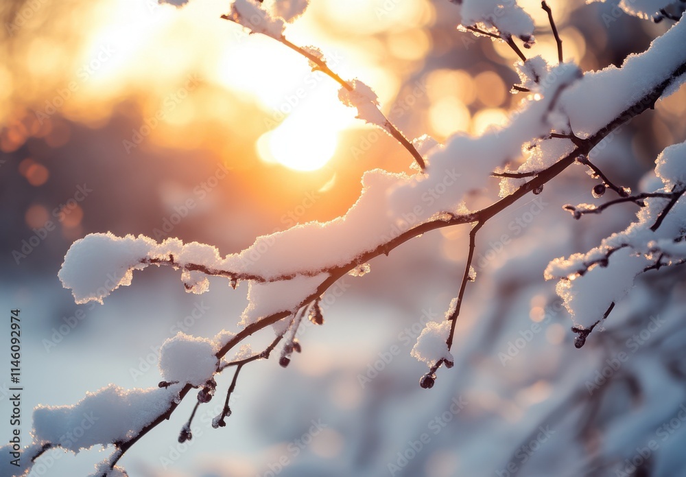 Snow-Covered Branches Against a Glowing Winter Sunset, Capturing Nature's Quiet Beauty and the Serene Atmosphere of a Cold, Snowy Evening Snow-Covered Branches Against a Glowing Winter Sunset, Capturing Nature's Quiet Beauty and the Serene Atmosphere of a Cold, Snowy Evening