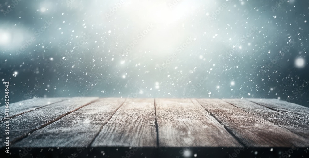 Snowfall Over Wooden Table Surface with Soft Glowing Light and Dreamy Background Creating a Serene Winter Atmosphere Ideal for Seasonal Themes and Cozy Imagery