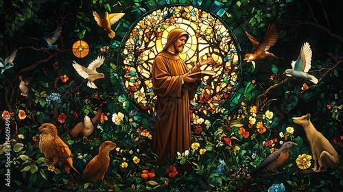 A luminous stained-glass portrayal of Saint Francis of Assisi, surrounded by a variety of animals and birds in a vibrant forest, radiant green and golden hues glowing softly,
