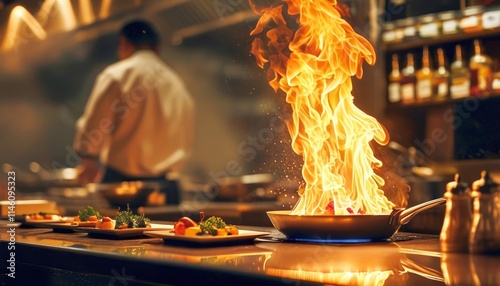 A chef is cooking food in a pan with a lot of flames