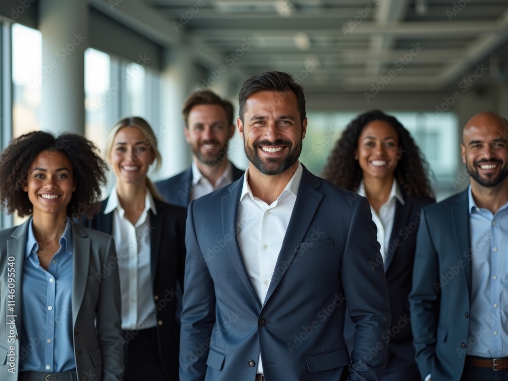 Business professionals gather for a team photo in a modern office with large windows and a bright atmosphere Business professionals gather for a team photo in a modern office with large windows and a bright atmosphere