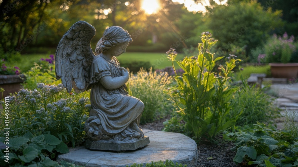 Obraz premium Angel statue in tranquil garden, concept of peace, spirituality, and protection, soft warm sunlight, serene and calming environment, timeless beauty.