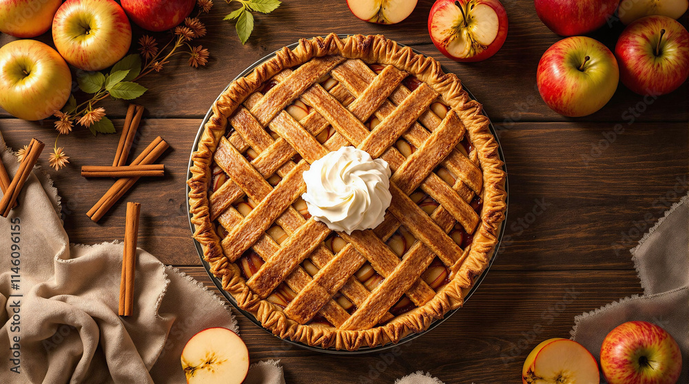 Rustic Apple Pie Flat Lay with Cinnamon Sticks and Whipped Cream Rustic Apple Pie Flat Lay with Cinnamon Sticks and Whipped Cream