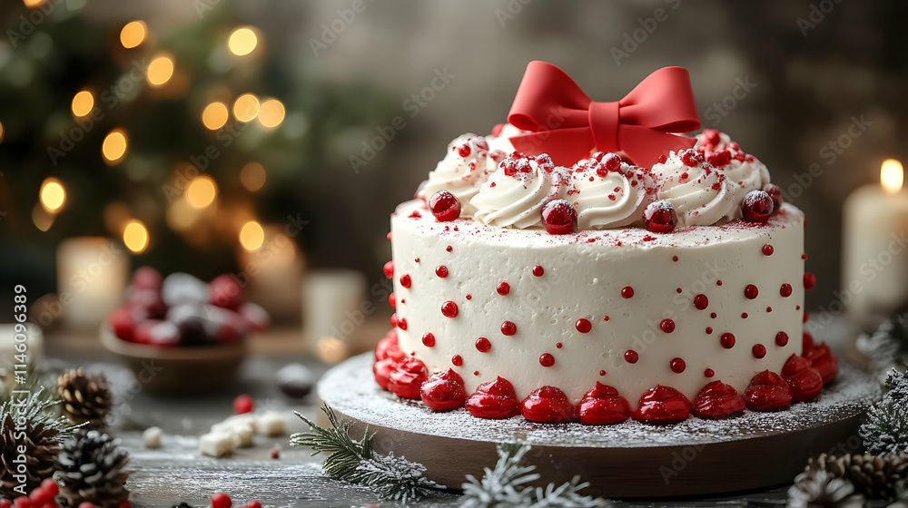 Delicious Festive Cake Decorated with Red Berries and Bow
