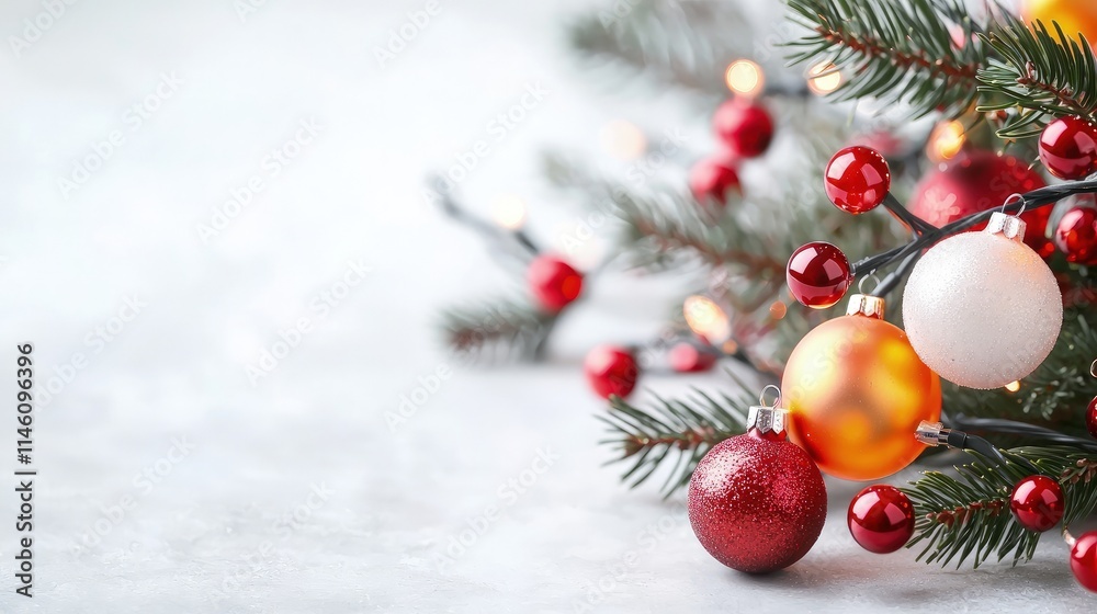 Festive Christmas decor with fir branches, red and gold ornaments, and warm fairy lights on a light gray background. Festive Christmas decor with fir branches, red and gold ornaments, and warm fairy lights on a light gray background.