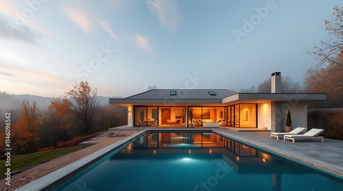 Wallpaper Mural Luxurious sleek and modern home with infinity pool at dusk, nestled amidst vibrant autumn foliage and serene mountain views, offering a peaceful retreat and exquisite architectural design. Torontodigital.ca