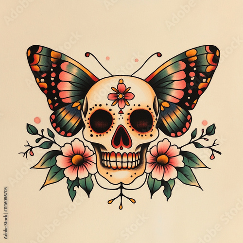 Skull and Butterfly Back tattoo flash illustration photo