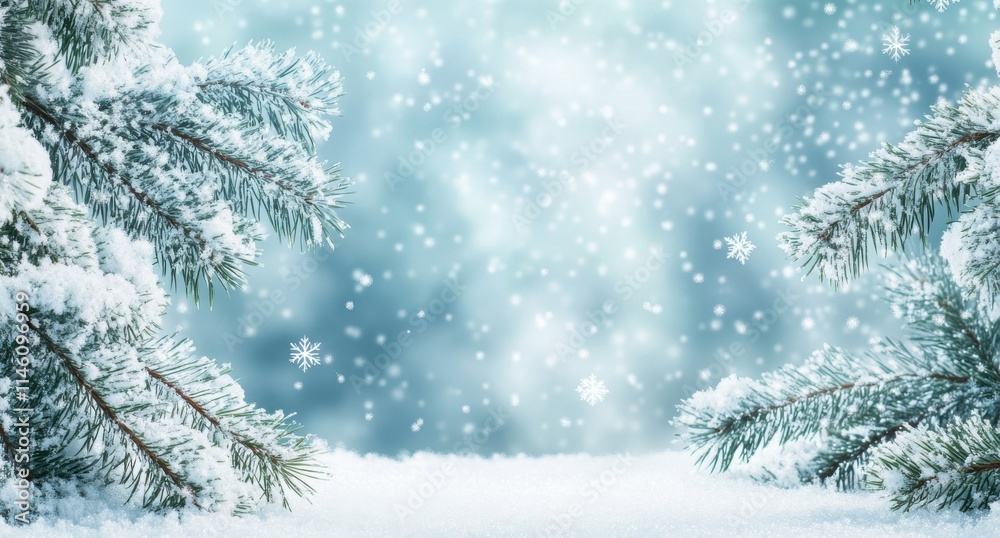 Snowy Winter Wonderland with Evergreen Pine Branches Covered in Fresh Snowflakes on a Soft Frosty Background Creating a Magical Seasonal Atmosphere Snowy Winter Wonderland with Evergreen Pine Branches Covered in Fresh Snowflakes on a Soft Frosty Background Creating a Magical Seasonal Atmosphere