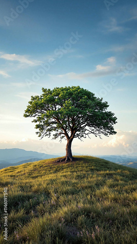 Lone Tree on Grassy Hilltop Overlooking a Range of Mountains