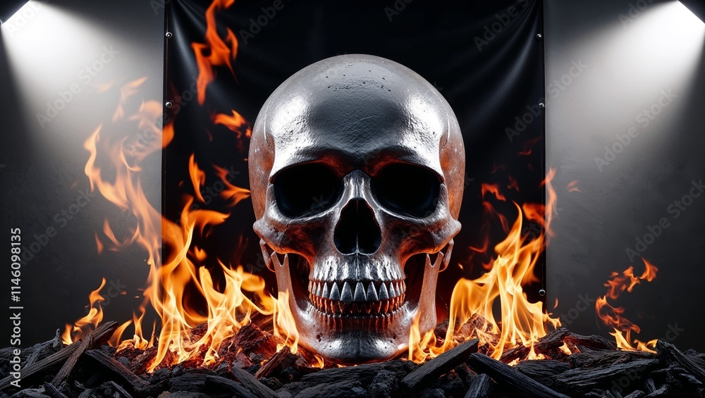 Striking Skull in Fire, Isolated on a Black Banner, Representing Intensity, Power, and Mystery in a Bold, Fiery Design Striking Skull in Fire, Isolated on a Black Banner, Representing Intensity, Power, and Mystery in a Bold, Fiery Design