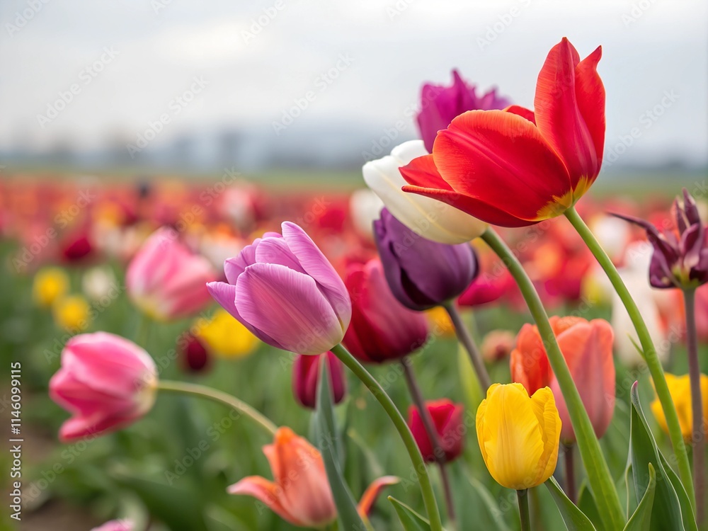 A vibrant field of multicolored tulips with a shaded seating area A vibrant field of multicolored tulips with a shaded seating area